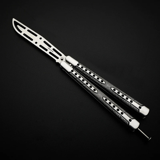 winged edge butterfly knife trainer balisong hex design top view