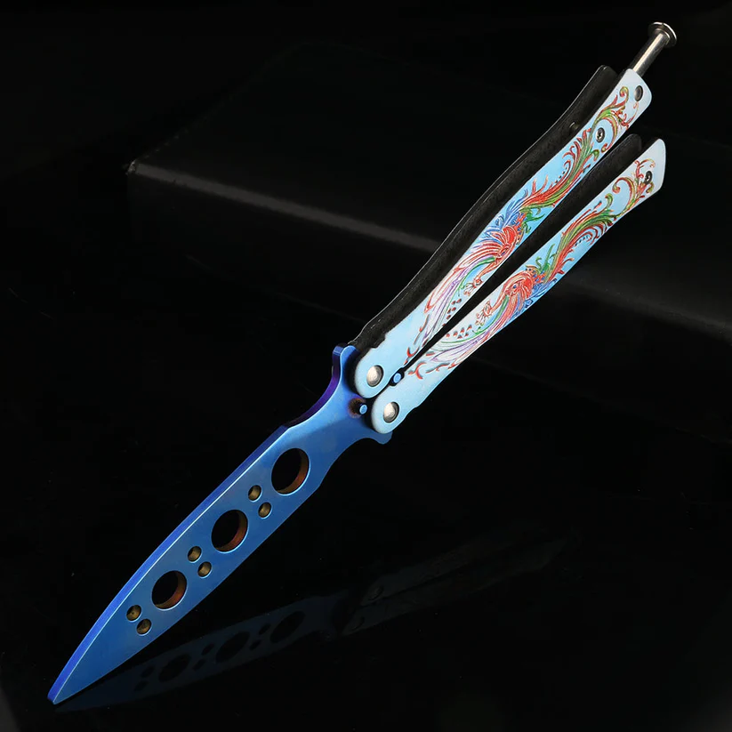 phoenix butterfly knife trainer, blue, cool angle, spear blade - winged edge - butterfly knife trainer ada, kent county, michigan, united states of america, USA