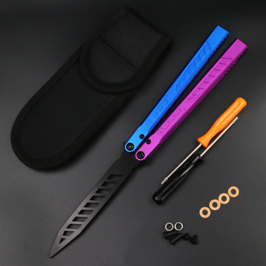 TheOne Falcon Butterfly Knife Trainer / Ocean Blue & Purple Handle & Black Blade - Winged Edge - TheOne